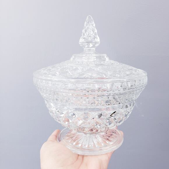 Vintage Anchor Hocking Wexford Cut Glass Crystal Candy Dish with Lid 7" Tall - Picture 3 of 10